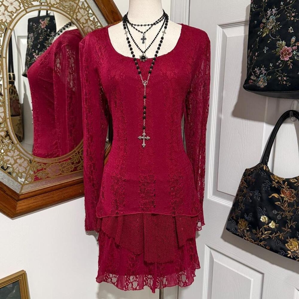 Indigo Soul Dark Romantic Red Layered Sequin Lace Long Sleeve Sweater Top